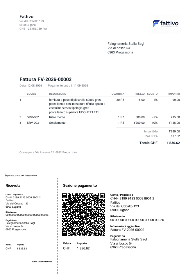 Una fattura stampata da Fattivo, con la carta intestata e la sezione di pagamento svizzera