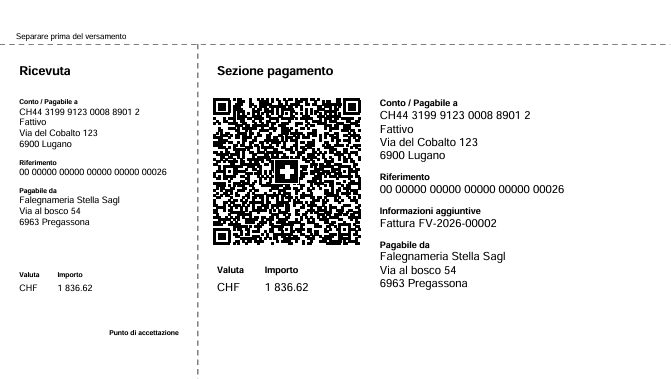 La sezione di pagamento della QR-fattura svizzera stampata da Fattivo